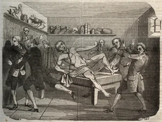 Galvanizace mrtvoly oběšence s hromadou Alessandra (Alexandre) Volta: pod vlivem elektrolitu mrtvola jakoby znovu ožila. Rytina z roku 1856 v „“Le Musee Des Sciences““