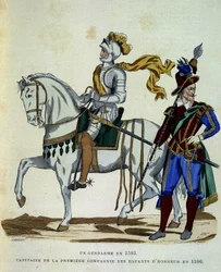 Četník v roce 1593 a kapitán 1. roty dětí cti v roce 1596 - v „“ La France et les francais“ od Challamela