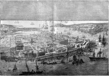 Celkový pohled na Havanu v roce 1862 - aparát francouzské divize, kterému velel kontraadmirál Jurien de la Graviere.
