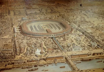 Celkový pohled na Světovou výstavu 1867 v Paříži. V centru vojenské školy Champ de Mars. Gravírování Paris, Musee Carnavalet