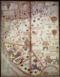 Zeměpisná mapa: Čína, údolí Gangy, Sumatra, Ceylan. Catalan Atlas (Katalánská mapa) (Španělsko). Rukopis z roku 1375 (Folio 2v - Folio 3) Abraham Cresques. BN, Paříž