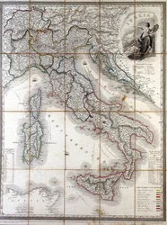 Geografická mapa Itálie v roce 1850 s vymezením hranic jednotlivých států, které tvořily zemi před risorgimentem.