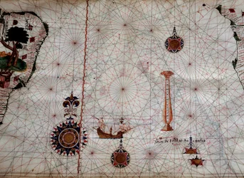 Geografie: detail navigační mapy Luise Lazara (16. století) představující ostrovy souostroví Tristan da Cunha (nebo Tristan d