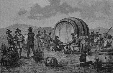 Německá selská válka (1524-1526): Sedláci táboří na jalovcích s velkým sudem vína