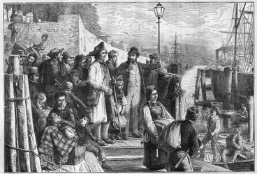 Němečtí emigranti do New Yorku nalodění na parník Hamburg v roce 1874, rytina - (Deutsche Emigranten)