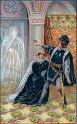 Gertruda, Hamlet a duch Hamletova otce. V „Hamletovi“ od Williama Shakespeara. Chromolitografie z konce 19. století.