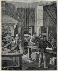 Zlatník: příprava desky, příprava kovu pro provedení speciálního stříbra. Rytina z roku 1885 v „“Les arts et metiers illustres““ od Adolphe BITARDA.