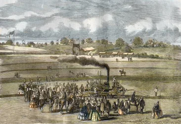 Velká Británie: Zemědělství, orba scéna. Parní pluh Boydell u Louth v roce 1854. (parní orba s Boydellovým motorem u Louth).