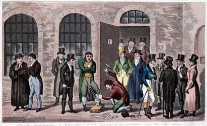 Vězení ve Velké Británii: S věznicí Newgate v Londýně (často zmiňovanou v románech Charlese Dickense) je spojen rozsudek smrti. Rytina kolem roku 1823. Bilbiotéka dekorativních umění.
