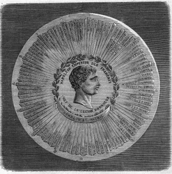 Velká pečeť Napoleona I. Bonaparta (1769-1821) v roce 1804: „“ Napoleon francouzský císař, hlava Čestné legie. Čest a vlast“. Gravírování do „“The Illustrious Universe““