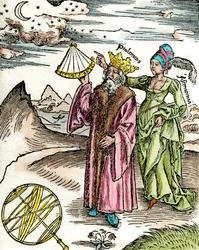 Řecký astronom Claude Ptolemaee (Claudius Ptolemaeus) (kolem 90-kolem 168 n. l.) pomocí sextantu a astronomie. Rytina z roku 1503. Soukromá sbírka