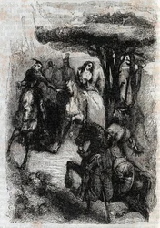 Griffon meets Origille – rytina z roku 1851 z „“Zuřivého Rolanda““ (Orlando furioso) (16. století) od Ludovica Ariosta, známého jako Ariosto – vydání přeložené z italštiny hrabětem z Tressanu a vydané Gustavem Harvardem v roce 1851