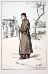 Strážci míru mobilizují (1871). Lept v barvách, pro ilustraci Kniha „Historie sboru mírových sil“““ vydaná pod záštitou Louise Lepinea (1846-1933), prefekta policie na Seině, od Alfreda Reye (1864-?) a Louise F.