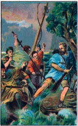 Guillaume Tell (William Tell) (legendární hrdinové švýcarské nezávislosti) uteče z Gesslerovy lodi. Chromolitografie konce 19. století.