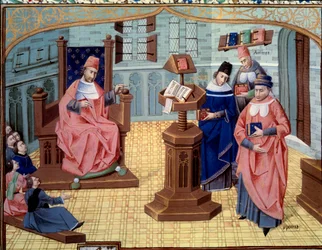 Chlápek od učitele Chirugian Chauliac. Po jeho pravici 6 posluchačů a po jeho levici 3 postavy shrnující historii lékařství: Claude Galien (131-201), řecký lékař starověku, Abu Ali al-Husayn ibn 