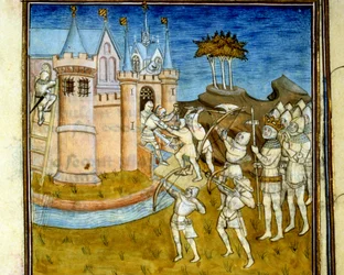 Henri 1er (1008 - 1060) bojoval proti armádě Viléma Dobyvatele (1027 - 1087) v roce 1054 - v „“ Grandes chroniques de Saint-Denis“, konec 14. století (ref. 512