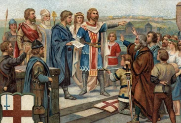 Historické epizody slavných měst: Alfréd Veliký (849-899) vrací Londýn jeho bývalým obyvatelům (886), „Mír Alfreda a Guthruma“ znamenal vítězství Anglosasů proti Dánům (= Viking). Chromolitografie 19. století.