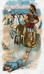 Historie Achilleova života, legendárního hrdiny trojské války: Achilles vleče Hektorovo tělo za svým vozem. Chromolitografie z roku 1890.