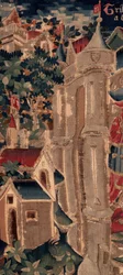 Historie Saint Piat a Saint Eleuthère, scéna 14: Mor ničí město Tournai. Detail.