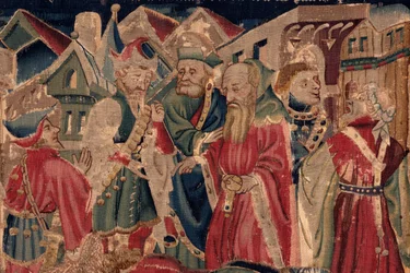 Historie Saint Piat a Saint Eleuthère, scéna 14: Mor ničí město Tournai. Detail.