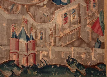 Historie Saint Piat a Saint Eleuthère, scéna 6 Detail vpravo dole. Městské hradby.