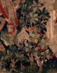 Historie Saint Piat a Saint Eleuthère, scéna 8 Detail vpravo uprostřed. Přírodní scéna, keře.