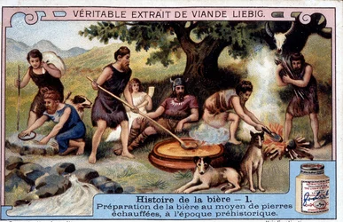 Historie piva: příprava piva teplými kameny v pravěku - reklamní nálepka Liébig¿