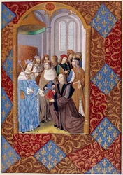 Historie tisku: nakladatel Antoine Verard (? -1513) představuje svou knihu králi Karlu VIII. Z rukopisu z roku 1494