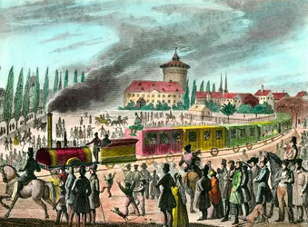 Historie veřejné dopravy: železnice mezi Paříží a Versailles. Rytina 19. století. Soukromá sbírka