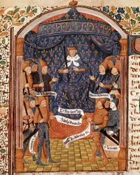 Stoletá válka: „Král Karel VII. obklopuje vysoké hodnostáře a Johanku z Arku“ obrázek z rukopisu „Vigiles of King Charles VII“ v kronikách Jeana Chartiera