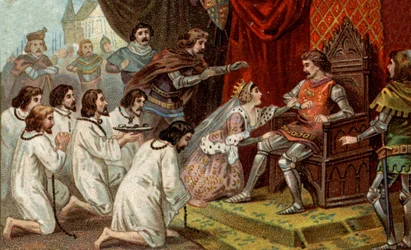 stoletá válka. Buržoazie z Calais: oddanost Eustachea svatého Petra a jeho společníků anglickému králi Edwardu III., prosí o jejich milost, podporovanou královnou Filipou Hainautskou (1311-1369). Chromolitografie konce 19. století.