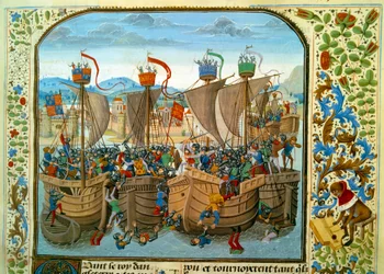 Stoletá válka: “” Námořní bitva u Ecluse, Sluis (Nizozemsko) 20. června 1340, která postavila Francouze Filipa VI. z Valois proti Angličanům Edwarda III.”” Miniatura převzatá z “Kroniky”” od Jeana Froissarta (1337-1400) 15. století. Paříž. B.N