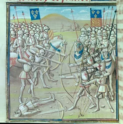 Stoletá válka: Bitva o Crecy dne 26.08.1346 mezi Francouzi a Angličany. Miniatura z rukopisu ze 14. století Paříž, Bibliotheque de l