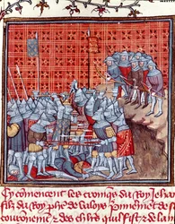 Stoletá válka: „“ francouzský král Jan II. Dobrý (1319-1364) během bitvy“““ Miniatura převzatá z „“Les grandes Chronicles de France“““ od Jeana Froissarta (1337-1400) Chantilly ze 14. století , Musee Conde