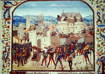 Stoletá válka: taška města Aubenton v Pikardii od hraběte Jeana de Hainaut v roce 1340. Miniatura z „Kroniky“ od Jeana Froissarta (1337-1400) Paříž. B.N.