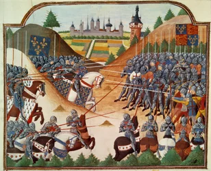 Stoletá válka: bitva u Formigny (Calvados) 15. 4. 1450 mezi anglickou armádou Thomase Kyriella a Jeana de Clermonta. Miniatura iluminovaná z rukopisu „Vigiles du roi Charles VII““ v kronikách Jeana Chartiera, editoval Mar