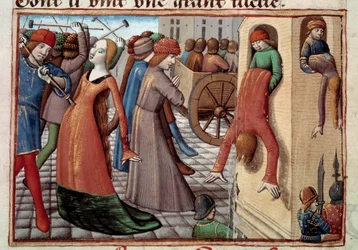Stoletá válka: masakr Armagnaků Burgundy dne 29. 5. 1418 během občanské války. Miniatura z „Vigilles du roi Charles VII““ od Martiala d