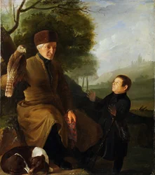 Lovec se sokolem. Portrét prince Platona Alexandroviče Zubova (1767-1822) a Ivana Andrejeviče Jakubovského (1770-1864), Anonym. Olej na plátně, Konec 1810, Státní muzeum architektury, historie a umění, Vladimir