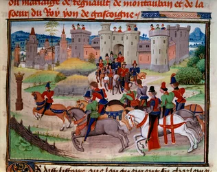 Lovecká scéna. Miniatura z rukopisu „Renaud de Montauban“ nebo „Les quatre fils Aymon“ od Loyseta Liedeta (aktivní mezi 1448 a 1478). Paní 5073. Bibliotheque de l