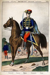 Hussard rakouské armády. Gravírování sd. 19. století.