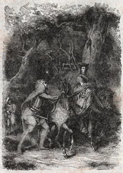 Hypalca Arreted by Rodomont – 1851 rytina z „“Furious Roland““ (Orlando furioso) (16. století) od Ludovica Ariosta, známého jako Ariosto – vydání přeložené z italštiny hrabětem z Tressanu a vydané Gustavem Harvardem 1851
