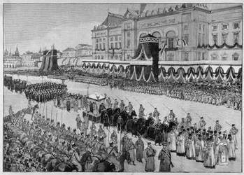 Ilustrace zobrazující pohřeb cara Alexandra III. v roce 1894. „Ilustrovaný svět“