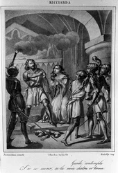 Ilustrace k poslední scéně V. dějství „Ricciarda“ od italského básníka a dramatika Ugo Foscolo (1778-1827) 19. století