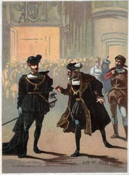 Ilustrace „“ Ernani“ od italského skladatele Giuseppe Verdiho (1813 - 1901), dějství 1, scéna II opera vytvořená v roce 1844 po tragédii „“ Hernani““ od Victora Huga. Chromolitografie konce 19. století.