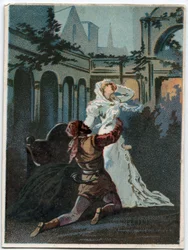 Ilustrace „“ Ernani“ od italského skladatele Giuseppe Verdiho (1813 - 1901), dějství 2, scéna IV opera vytvořená v roce 1844 po tragédii „“ Hernani““ od Victora Huga. Chromolitografie konce 19. století.