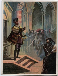 Ilustrace „“ Ernani“ italského skladatele Giuseppe Verdiho (1813 - 1901), 4. dějství, scéna I. opery vytvořená v roce 1844 po tragédii „“ Hernani““ od Victora Huga. Chromolitografie konce 19. století.