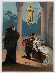 Ilustrace „“ Ernani“ od italského skladatele Giuseppe Verdiho (1813 - 1901), dějství 5, scéna VI opera vytvořená v roce 1844 po tragédii „“ Hernani““ od Victora Huga. Chromolitografie konce 19. století.