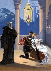 Ilustrace „Ernani“ od italského skladatele Giuseppe Verdiho (1813 - 1901), dějství V, scéna 6, opera vytvořená v roce 1844 po tragédii Victora Huga „Hernani“. chromolitograf z konce 19. století.