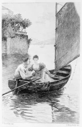 Ilustrace k románu «Červený a černý» od Stendhala. 1830. Julien Sorel a paní de Rênal na plachetnici. Rytina z konce 19. století.