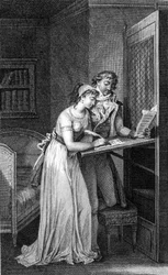 Ilustrace knihy „“ Nebezpečná spojení“ od Choderlose De Laclose (1741 - 1803). Rytina z počátku 19. století.